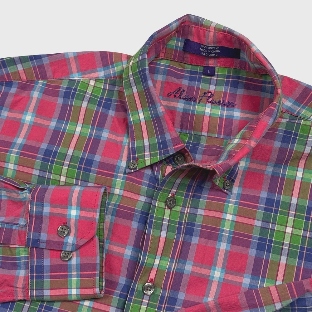 Alan Flusser Mens Plaid Button Down Long‎ Sleeve Shirt Size Large 100% Cotton